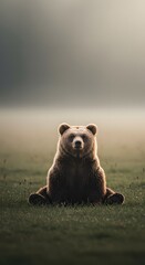 Brown Bear Sitting on Grassy Field in Misty Outdoor Setting