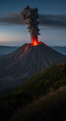 Dramatic Erupting Volcano with Red Lava and Gray Smoke at Dusk