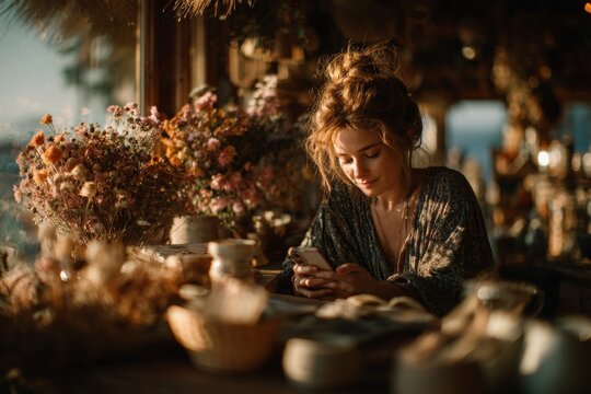 Contactless payment moment in sunlit coffee shop interior. Generative AI
