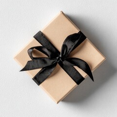 Gift box with black ribbon bow on clean neutral surface