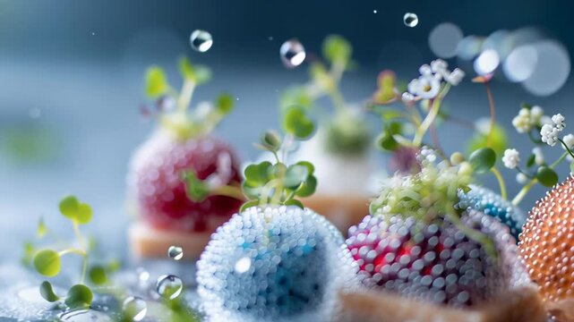 A close-up of colorful, bubble-covered spherical desserts garnished with small plants on a soft, blurred background.