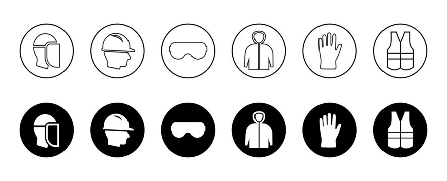 PPE icon set- outline and coloured style.  Industrial safety icons includes face guard sign, safety helmet, protective goggles, gloves and safety vest symbols for workplace signage (isolated)