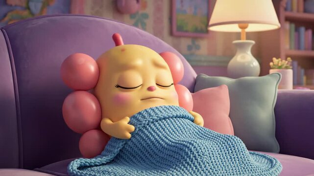 Animated character yawning on a couch in a cozy interior scene