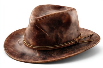 Brown, worn leather hat with band, isolated on white