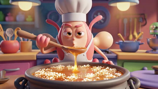 Animated chef character cooking in a kitchen preparing food concept