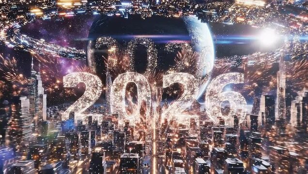 Planet 2026 futuristic sci-fi world with glowing city rings, orbiting satellites, and &ldquo;happy new year 2026&rdquo; lights in deep spaceSelect 79 more words to run Humanizer.