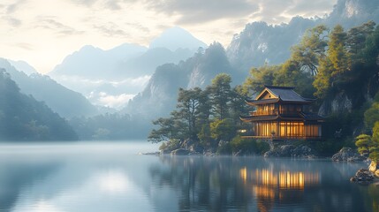 Naklejka premium Serene landscape featuring a reflective lake, hazy mountains, and an illuminated Asian-style building. Tranquil scene with soft, diffused light. Abstract Trend Background.