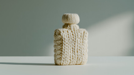 Minimal knitted perfume bottle for beauty branding, skincare ads and elegant lifestyle visuals