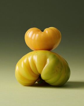 Yellow Heirloom Tomatoes Stacked Painterly Still Life on Green Seamless background. Film grain