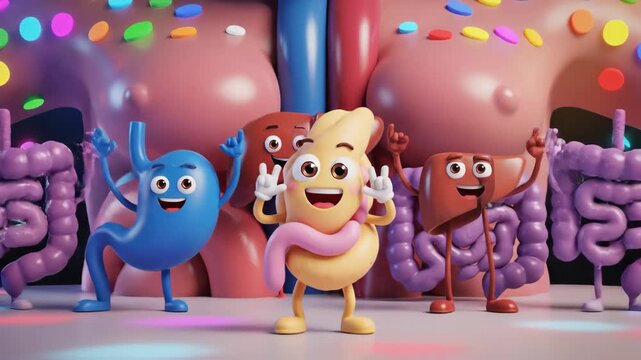 Animated human internal organs characters in playful group setting