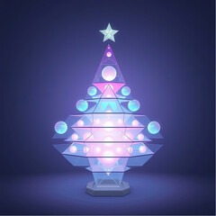 A 3D layered, translucent geometric shapes as pyramids, spheres, cubes, forming a stylized Christmas tree_each layer glows with a different pastel color, creating depth and a modern appeal.eps