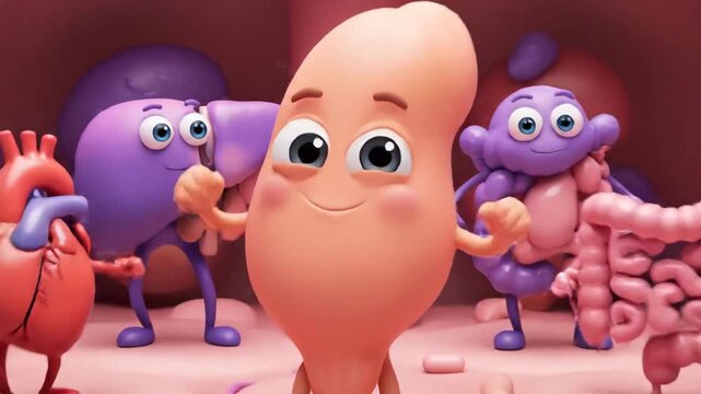 Animated human organs characters in an interior setting with bright lighting