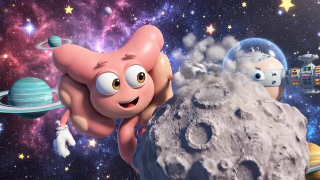 Animated intestine character in space exploration concept with planets and stars