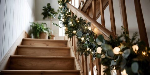 Fresh holly leaves with red berries decorate wooden staircase railing in warmly lit home interior. Traditional Christmas home adornment, cozy rustic holiday decor vibe.