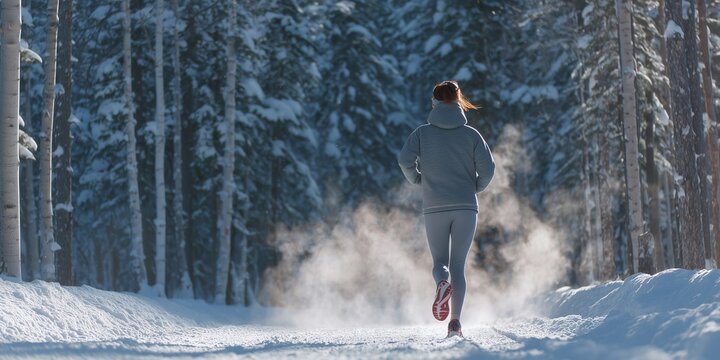 Person in gray jacket, leggings and gloves running on snowy forest path with breath vapor in golden morning sunlight. Invigorating winter jog, energetic cold season fitness vibe in misty woods.