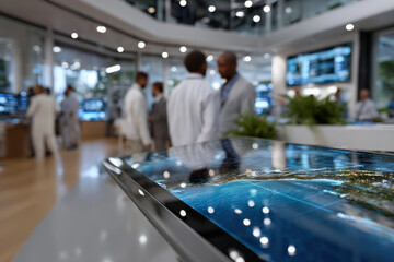 A sleek, modern workspace featuring professionals analyzing digital data on large screens, highlighting collaboration and the integration of technology in daily business.