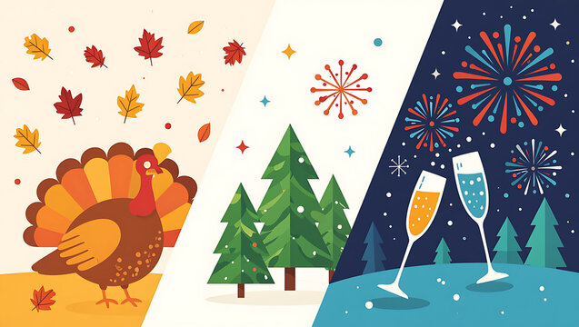 Split Design,Thanksgiving Feast and Winter Celebration, college of merry Christmas and happy new year 
