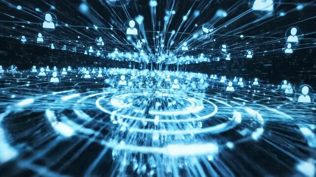 Dynamic digital network visualization with interconnected user icons and data streams