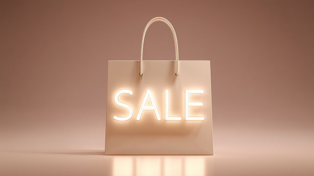 Minimalist glowing SALE shopping bag for luxury retail promotion and elegant seasonal discount campaigns