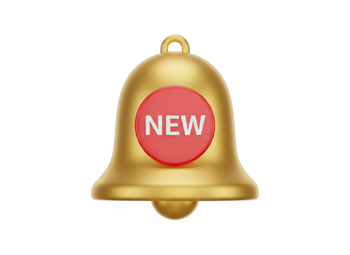 Golden Notification Bell With Red Circle Badge Labeled New Featuring A Studio Background And Transparent Background Overlay - Powered by Adobe