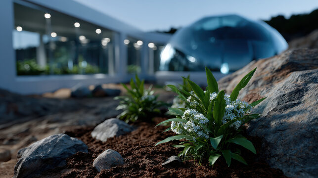 A beautiful interaction of modern architecture and lush flora is captured, highlighting the seamless blend of nature and structural innovation in a serene environment.