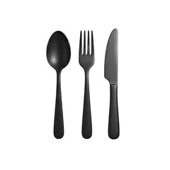 Matte Black Utensil Set Including Spoon Fork and Knife Isolated on Transparent Background