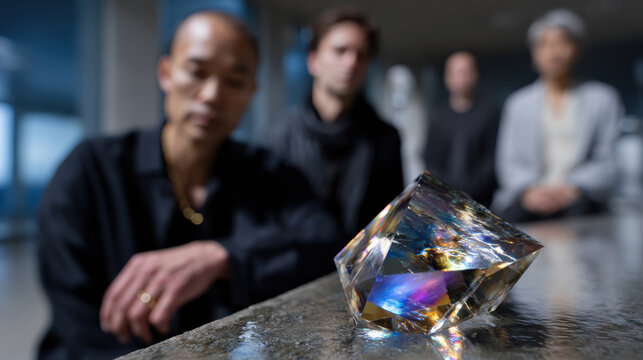 This colorful crystal captures attention, positioned in sharp focus while blurred human silhouettes enhance the sense of mystery and depth in a serene environment.