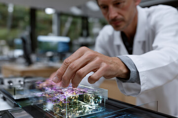 An engaged scientist works with a holographic data display in a contemporary lab, representing the intersection of science and advanced technology in modern research methodologies.