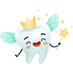Cute Tooth Fairy Character With Golden Crown And Star Wand Floating With Sparkling Stars White Background