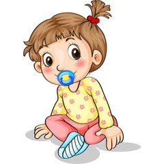 Cute Toddler Girl With Pacifier Wearing Yellow Floral Long Sleeve Shirt and Pink Pants Sitting On Transparent Background
