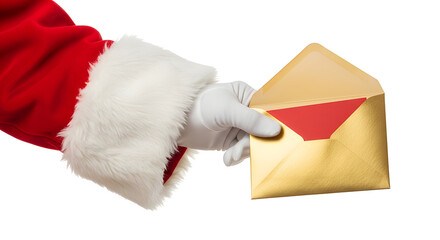 Santa hand holding golden envelope, isolated on white &mdash; ideal for invitations, gift cards, or promo visuals.