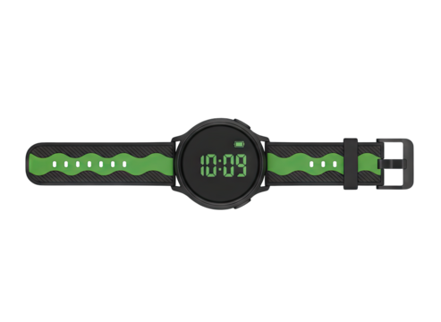 Digital Wristwatch with Black Band and Green Wave Pattern Display Showing Time 10:09 on Transparent Background