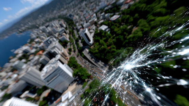 An aerial perspective captures a vibrant urban landscape, showcasing the intricate connection between nature and human-built environments in a dynamic city.