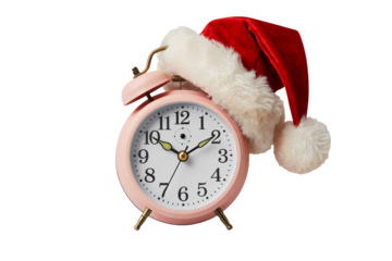 Christmas morning anticipation with a festive Santa hat adorning a pink alarm clock, counting down to holiday joy and celebration