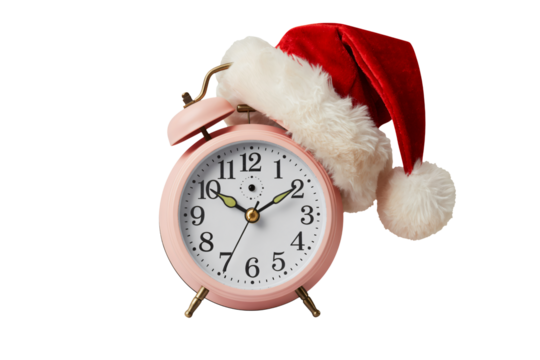 Christmas morning anticipation with a festive Santa hat adorning a pink alarm clock, counting down to holiday joy and celebration - Powered by Adobe
