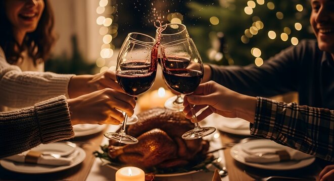 Friends Toasting Red Wine Glasses Over Thanksgiving Dinner Table