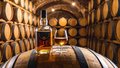 Bottle of aged whiskey and glass on a wooden barrel in a dark, rustic cellar. Rows of oak casks for spirit aging in a traditional distillery or winery storage.