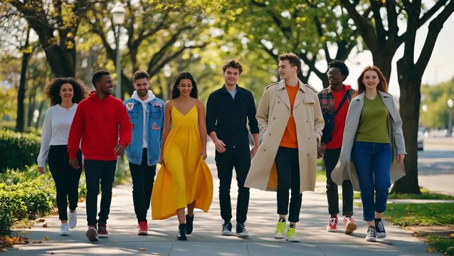 Diverse Group of Young Adults Walking Together in a Sunny Park Setting