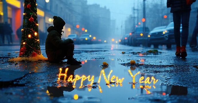 Child sits near decorated tree, wet street reflects lights. City scene evokes winter holiday mood, somber atmosphere present.