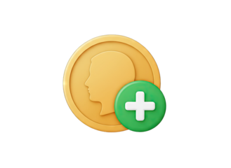Golden Coin With Profile Silhouette And Green Plus Icon On Transparent Background Representing Financial Growth And Adding New Member Or Account In Business Finance Concept