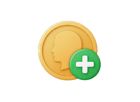 Golden Coin With Profile Silhouette And Green Plus Icon On Transparent Background Representing Financial Growth And Adding New Member Or Account In Business Finance Concept