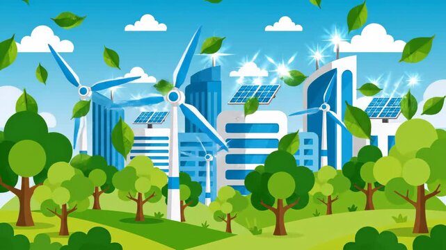 Eco-Friendly Wind Turbines and Solar Panels in Lush Green Urban Landscape