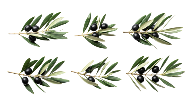 Six Olive Branches with Black Olives and Leaves on White Background.