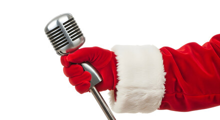 Santa hand holding vintage microphone, isolated on white — ideal for festive radio, podcast or entertainment themes.