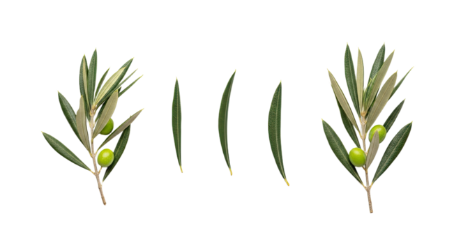 Two Olive Branches with Green Olives and Loose Leaves.