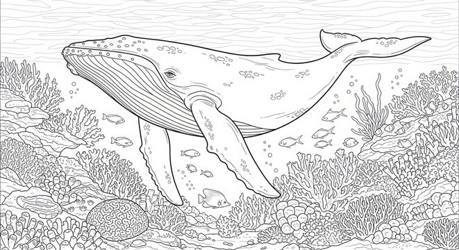Humpback whale swims above coral reef ecosystem in detailed line art