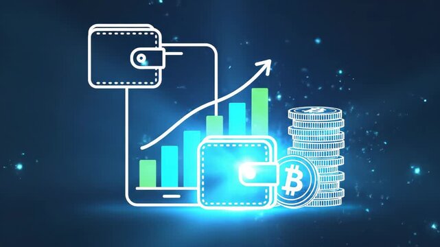 Digital cryptocurrency growth visualization with bitcoin icons and mobile technology