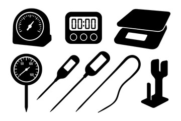 Silhouette collection of kitchen timers, scales, thermometers, and utensils.
