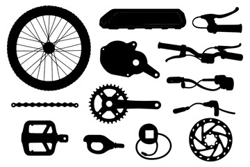 Silhouette collection of bicycle parts and accessories for repairs and upgrades.