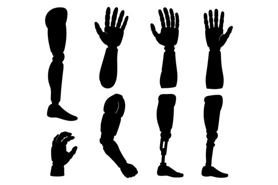 Silhouette of prosthetic limbs: diversity in arm and leg designs.